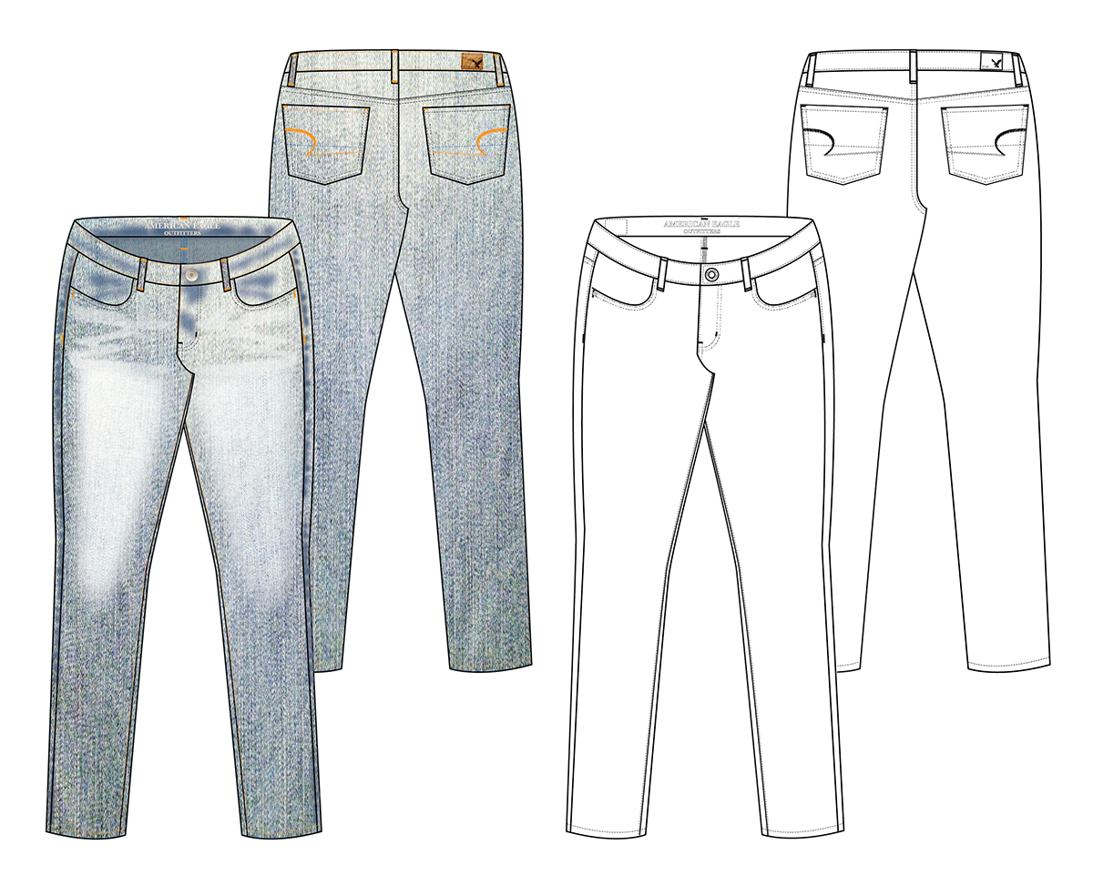 American Eagle jeans Denim blue jeans Skinny Jeans fashion design Flats floats specs Tech Pack technical flats Production Technical Drawings Illustrator SCAD