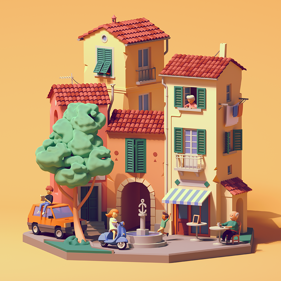 ILLUSTRATION  animation  village 3D architecture city Character design  Digital Art  Isometric loop