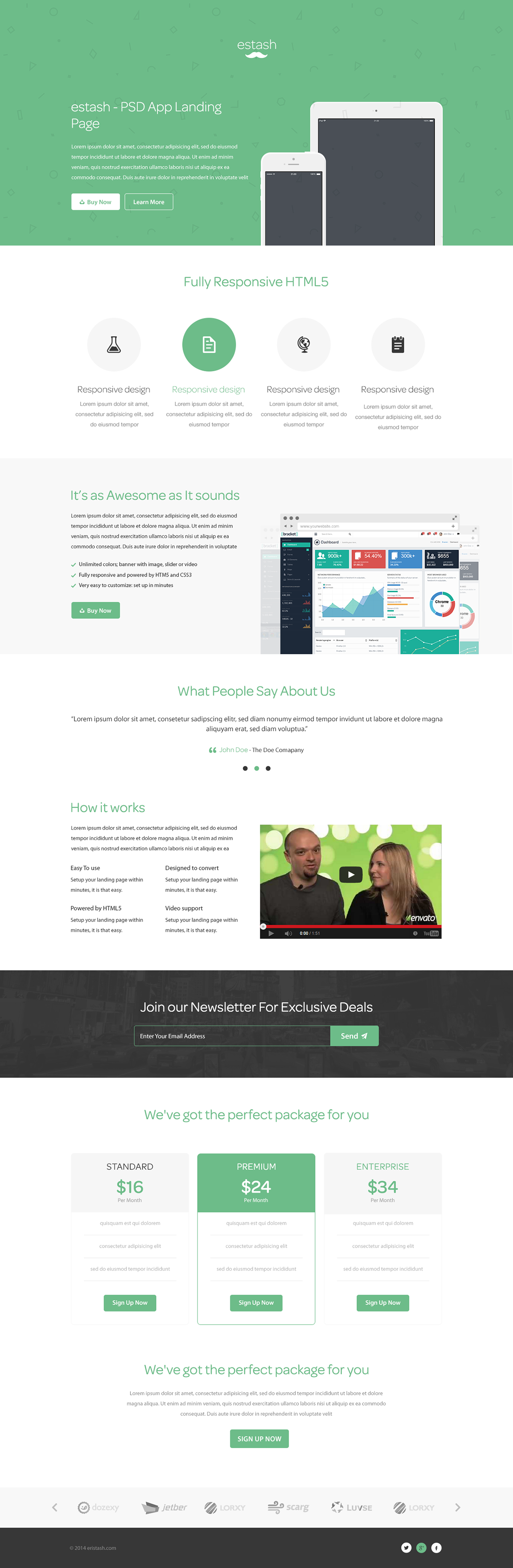 flat green One Page landing page app free psd download