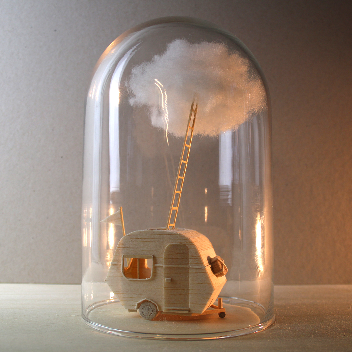 house caravan cloud Balsa Miniature glass bell sculptures wood bird house cotton