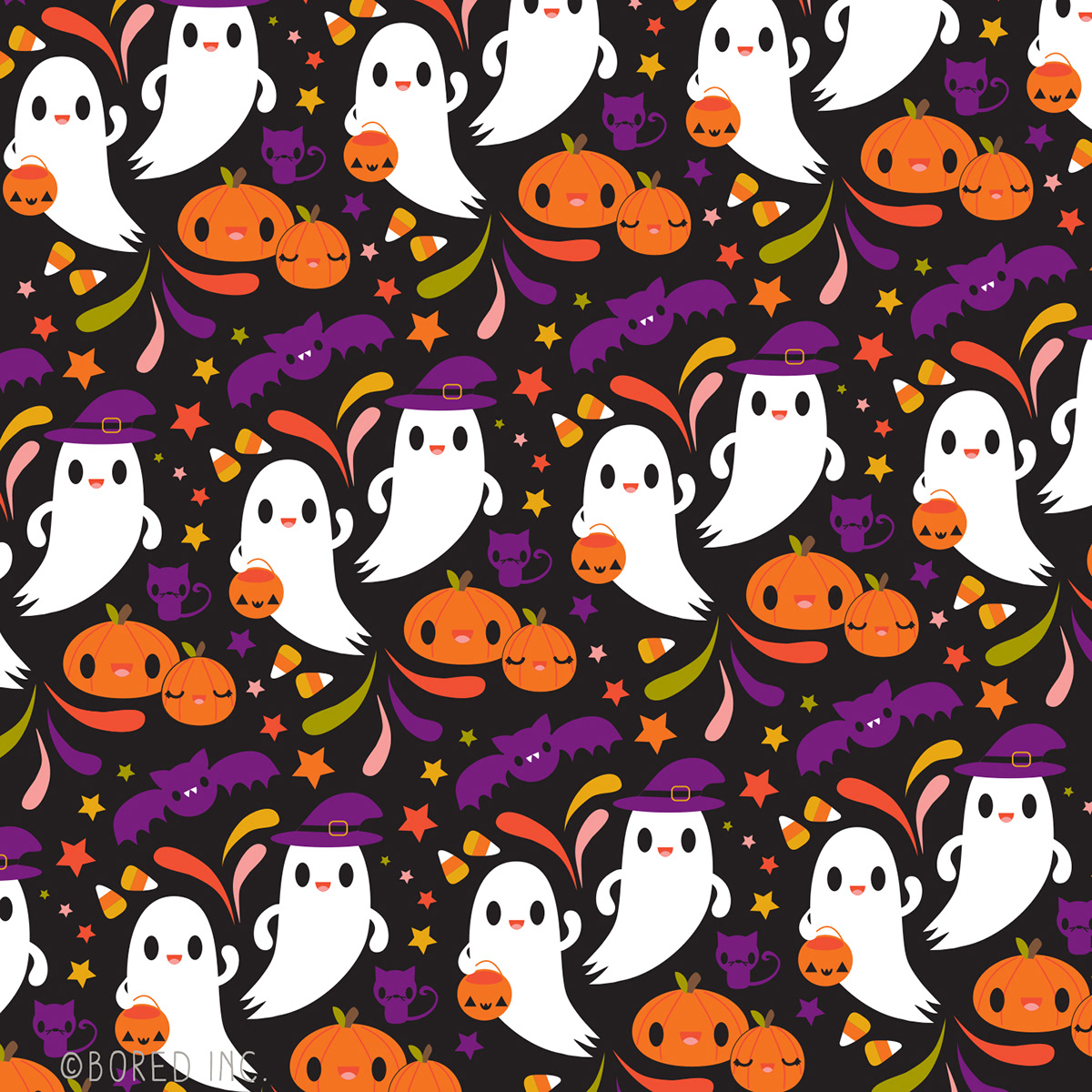 cute kawaii Halloween ghost pumpkin Candy Holiday fabric textile surface design holiday pattern spider bat