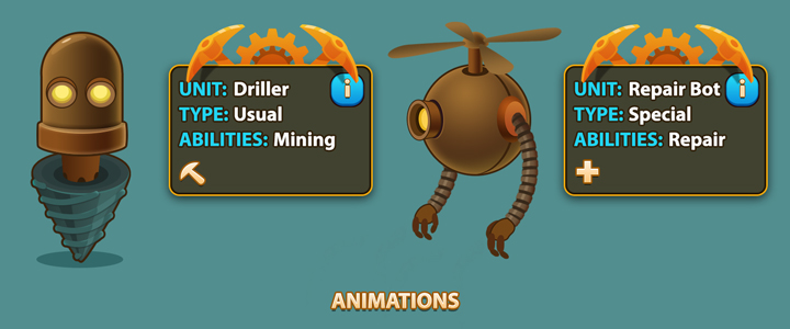 game dig GUI building cartoon Character design  idle robot stylized UI/UX