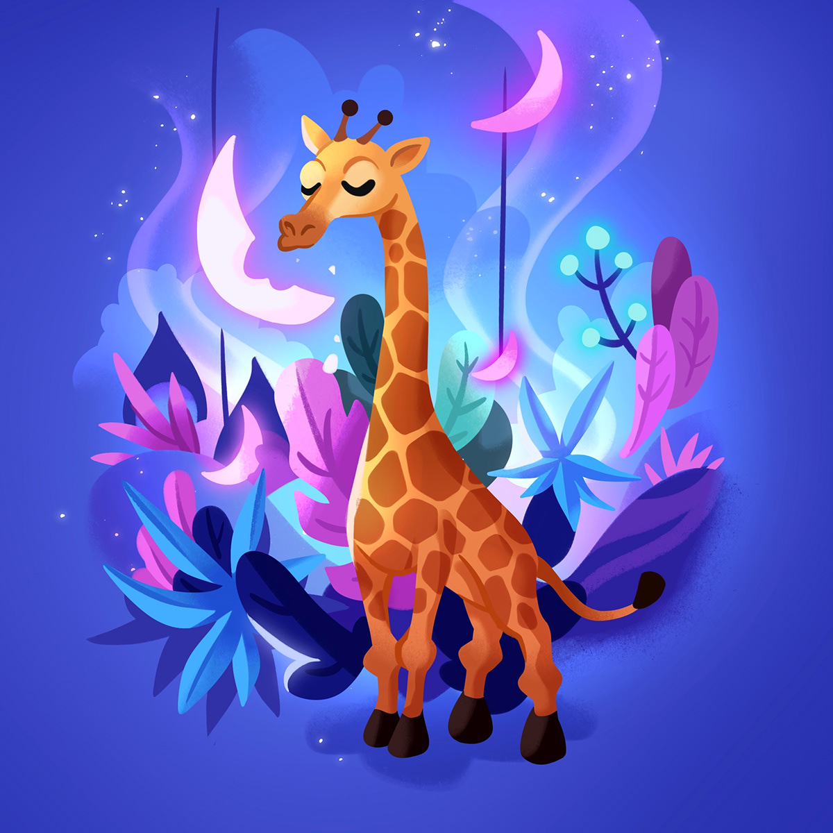 forest night giraffe animals jungle children's book cartoon tiger app app character