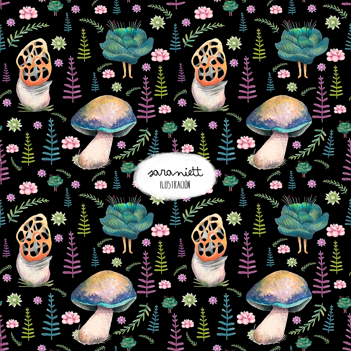 pattern pattern design  watercolor Mushrooms fairy garden fantasy print Spirits
