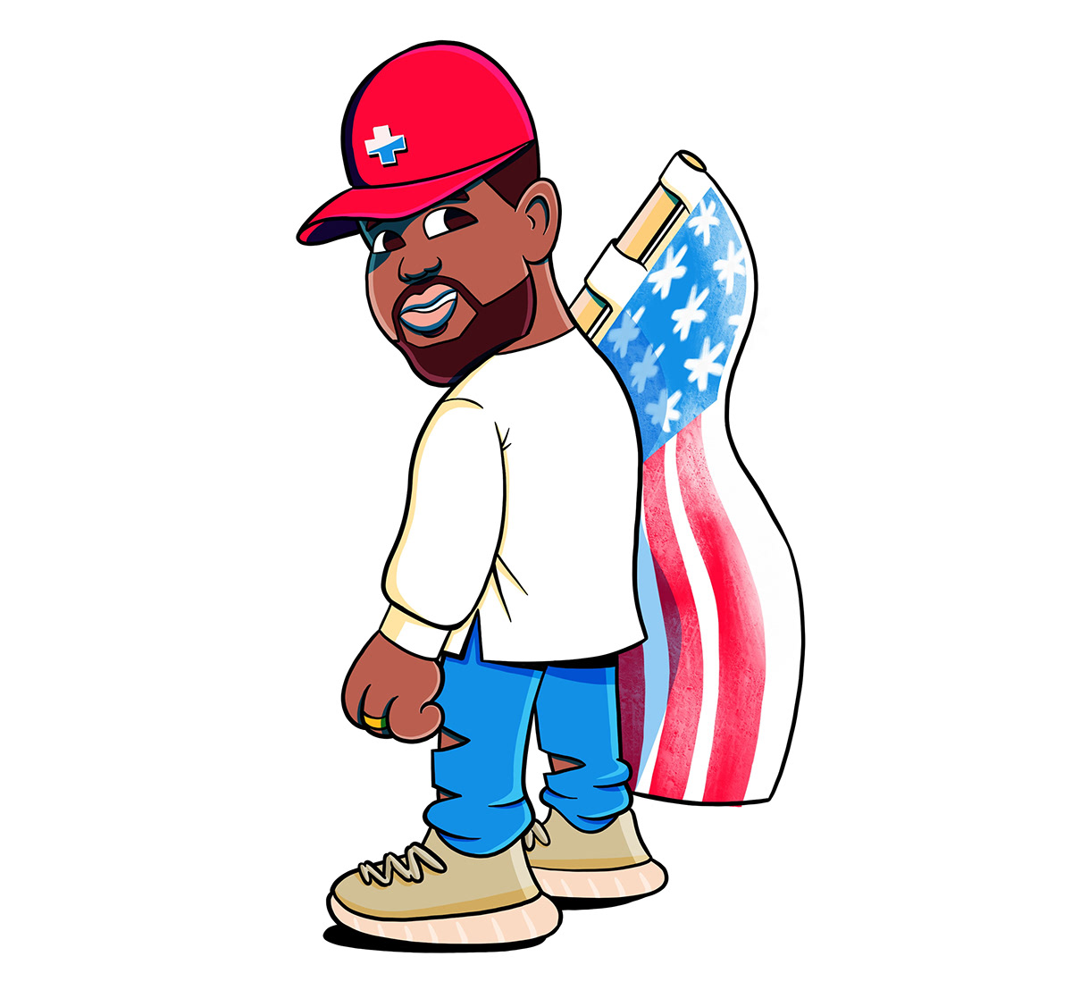 Illustration of Kanye West showing his support for America
