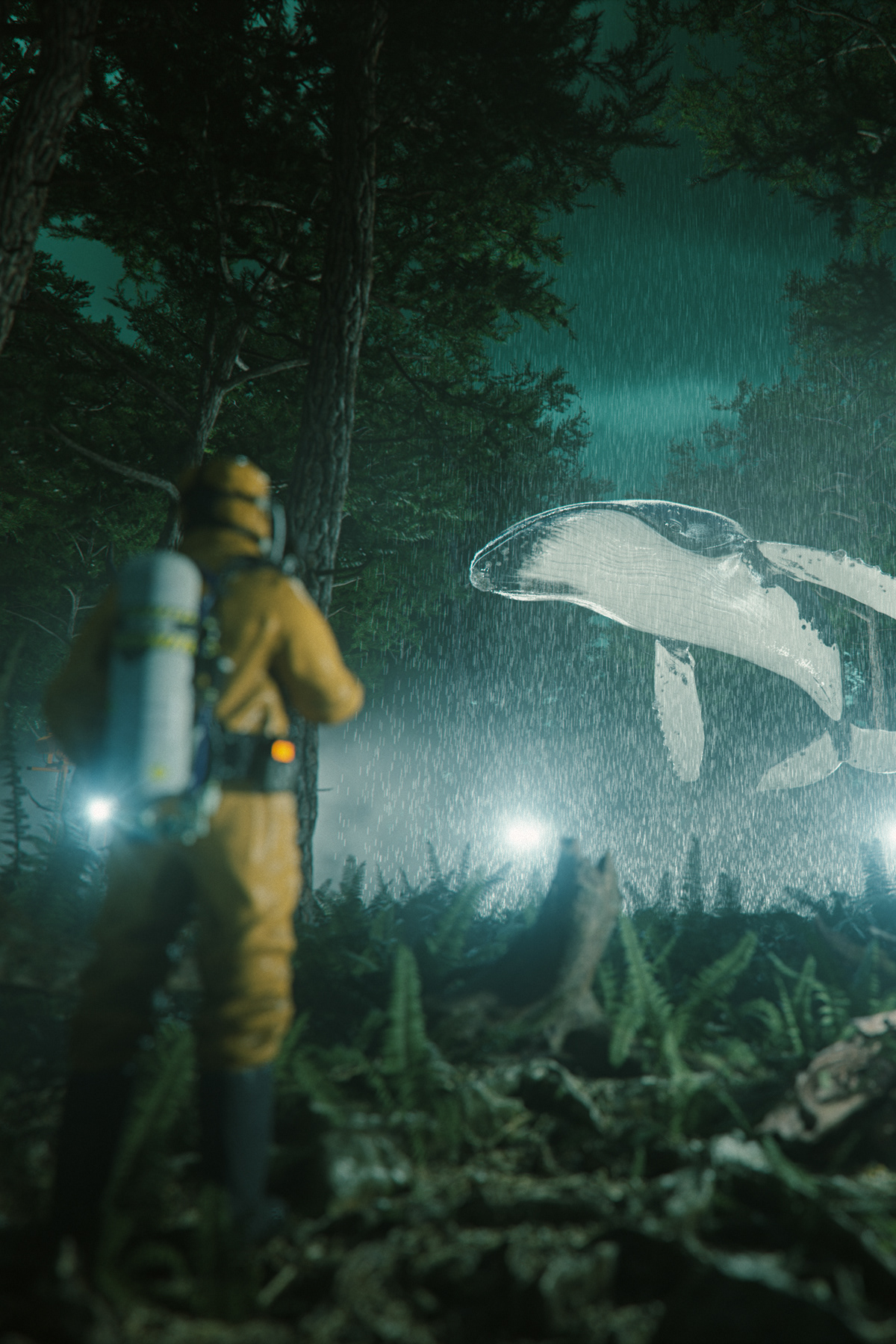 3D CGI Cinema dark forest octane Paranormal rain rendering Whale