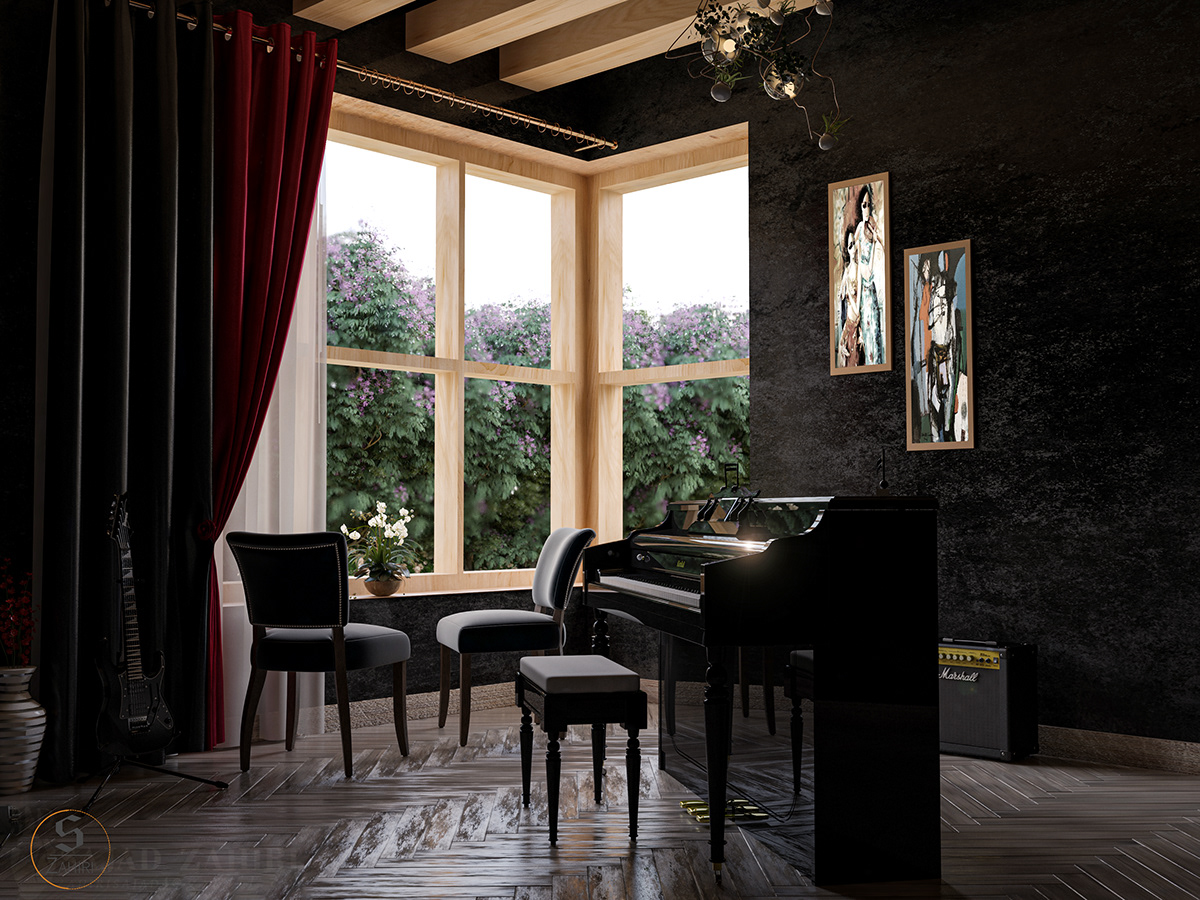 Piano design Graphic Designer Brand Design Render dark vray interior design  material 3D