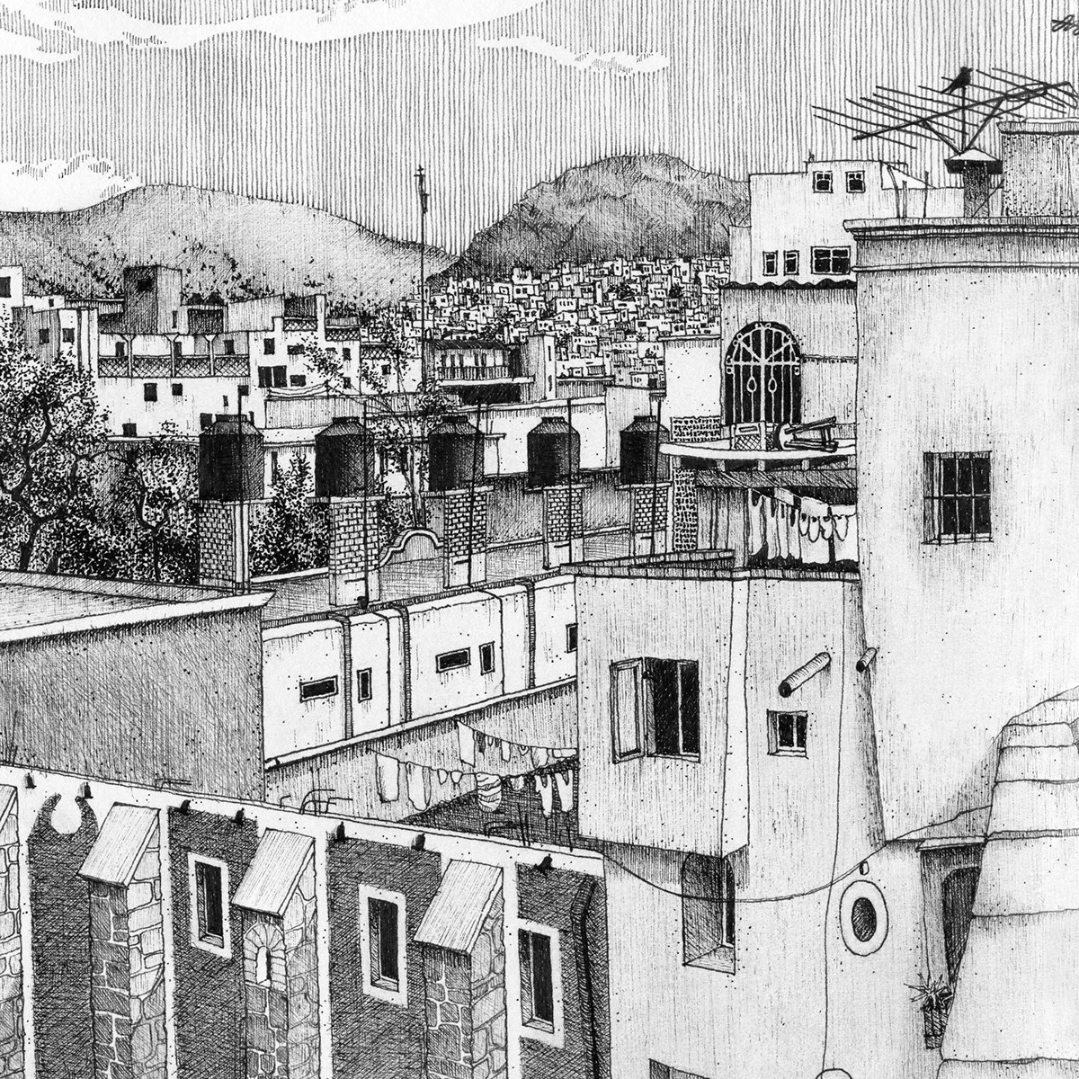 Guanajuato mexico ink black and white city Travel panorama