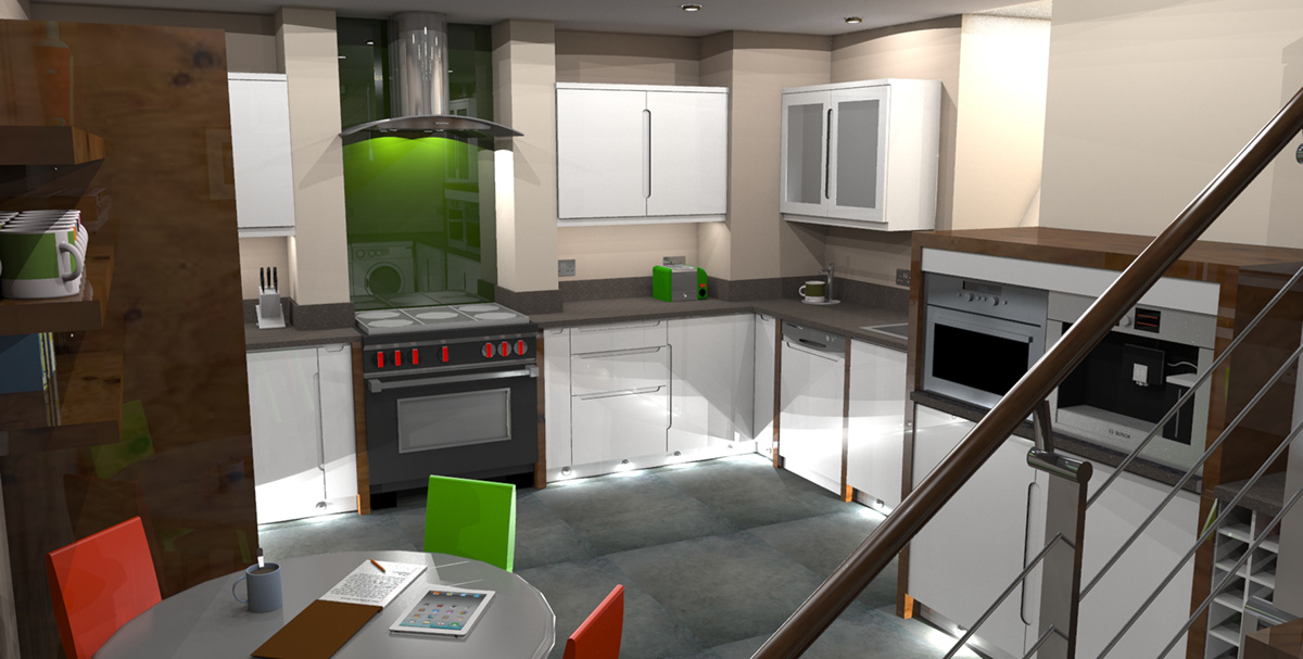 kitchen 3d photo realistic cupboards table property delux