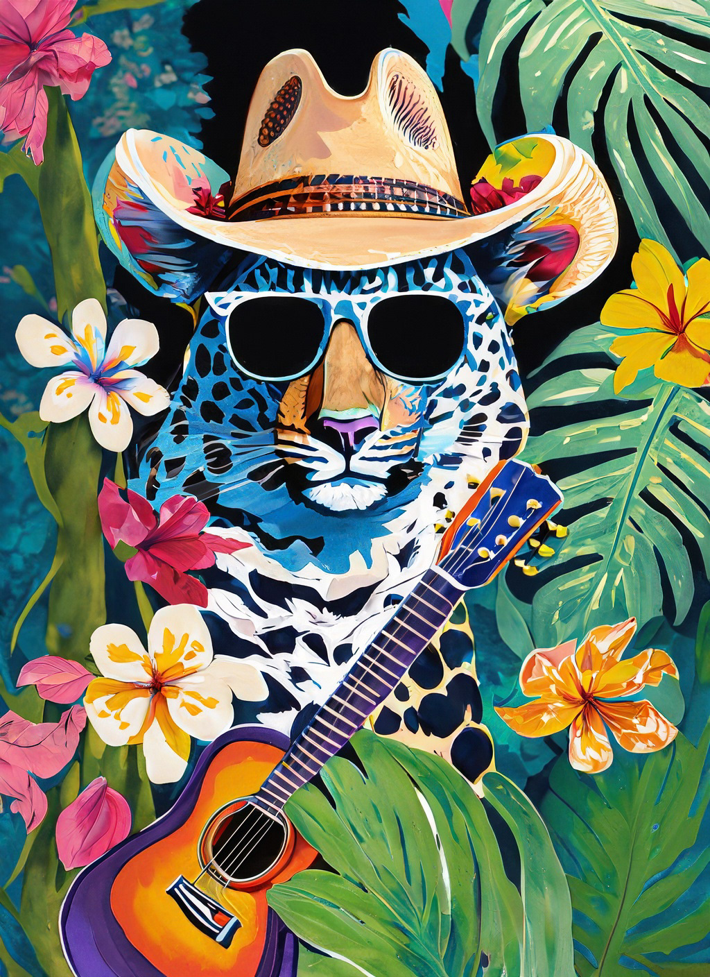 leopard guitar ILLUSTRATION  jungle colorful art concept Character design  Digital Art  Graphic Designer