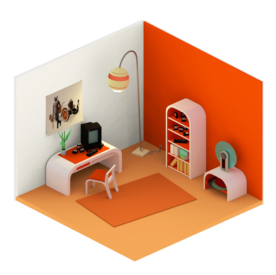3D blender Render cycles room orange White vectrex Sony Retro materials Isometric orthographic ps-f5