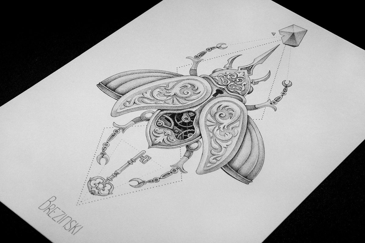 tattoo dotwork black ink Pointillism beetle ornament graphics STEAMPUNK