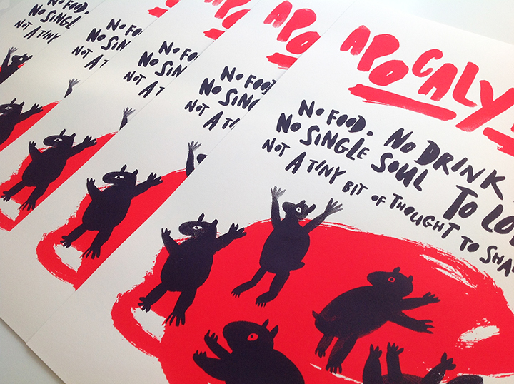 Poster Design printmaking silkscreen red brown animals natalya balnova handletering  apocalypse