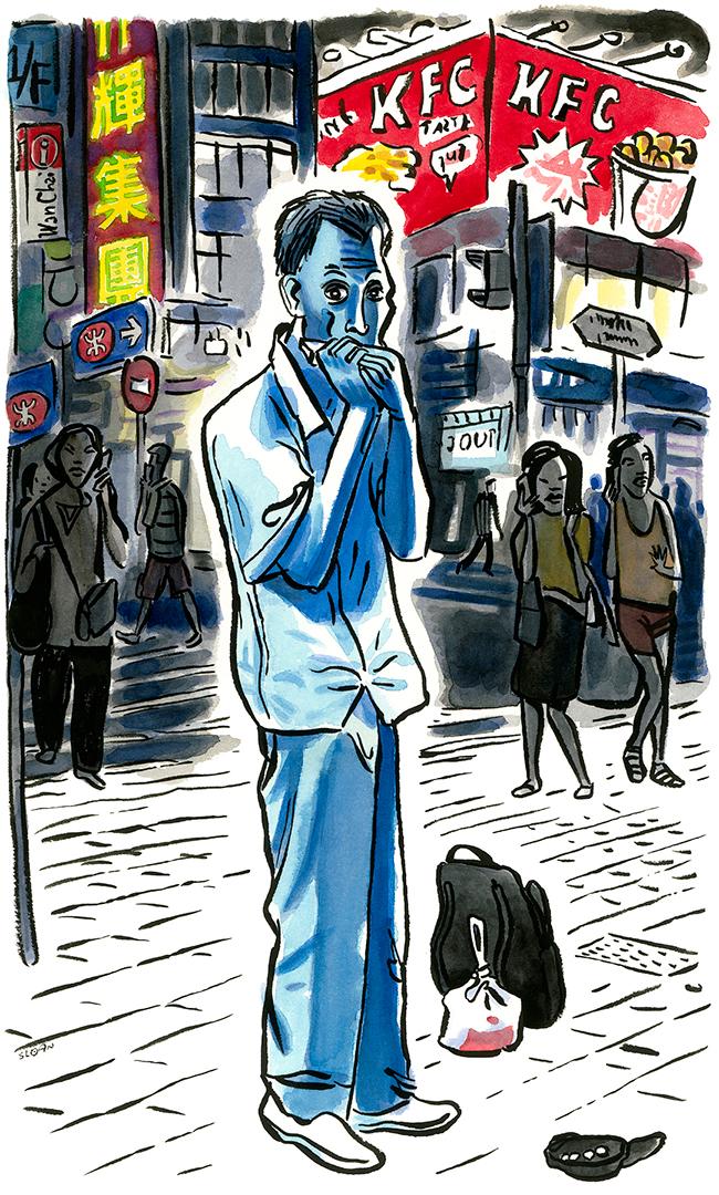 Hong Kong china asia watercolor sketchbook Travel street market portrait people Shopping market michael sloan michael sloan illustration Illustrator