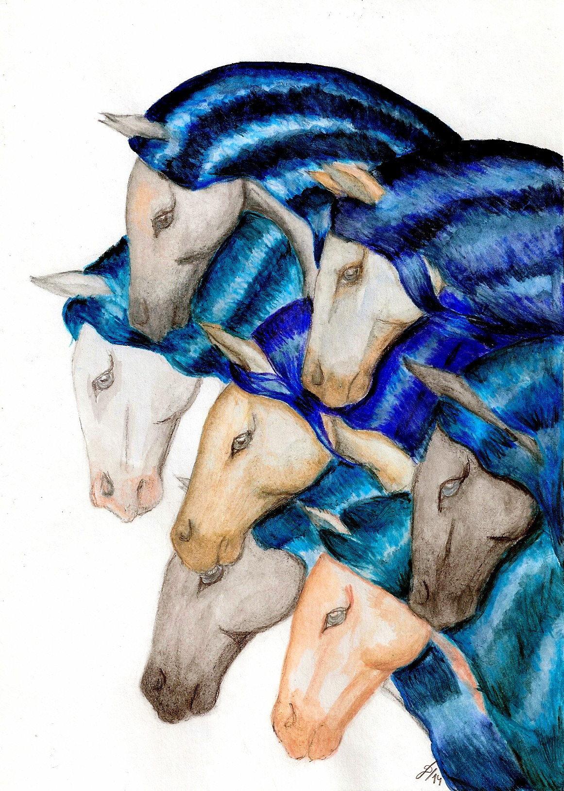 horses horse art Blue Horses AZUL blue watercolor cavalos dorse sea fishes