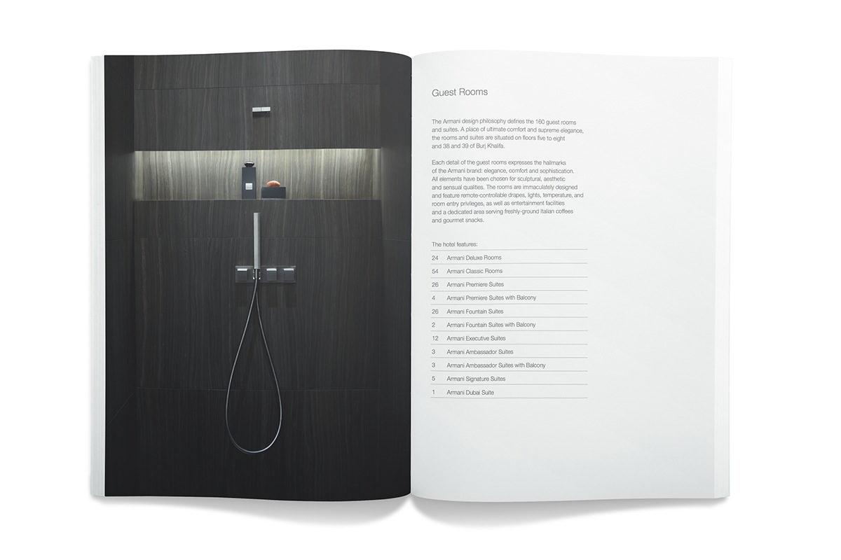 brochure design armani luxury hotel dubai print ad fountain visual minimalist black and white