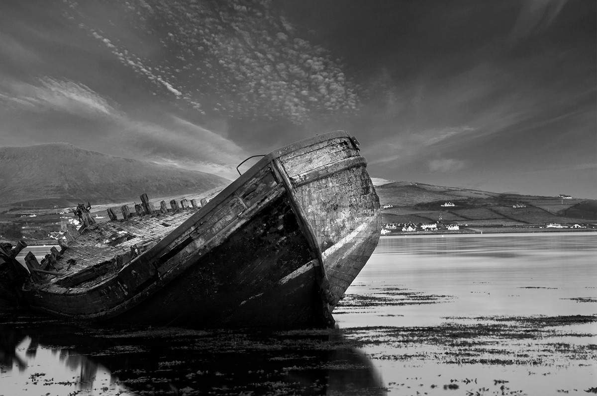 Shipwreck Boats fishing black and white water sea Co kerry Ireland Dingle old Landscape seascape