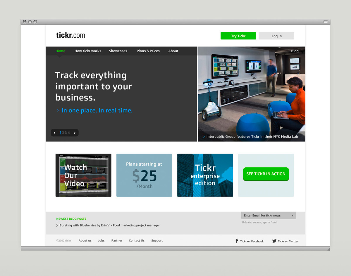 tickr homepage Interface user experience user interface UI ux real time business software