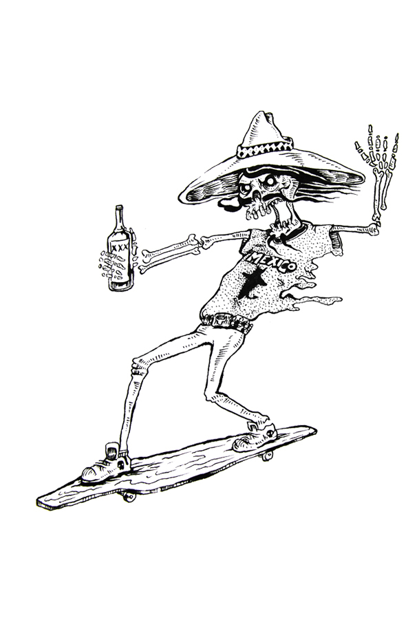 skate Dudes devil skeleton skull skateboard freaks black and white Fineliners extreme sports LONGBOARD