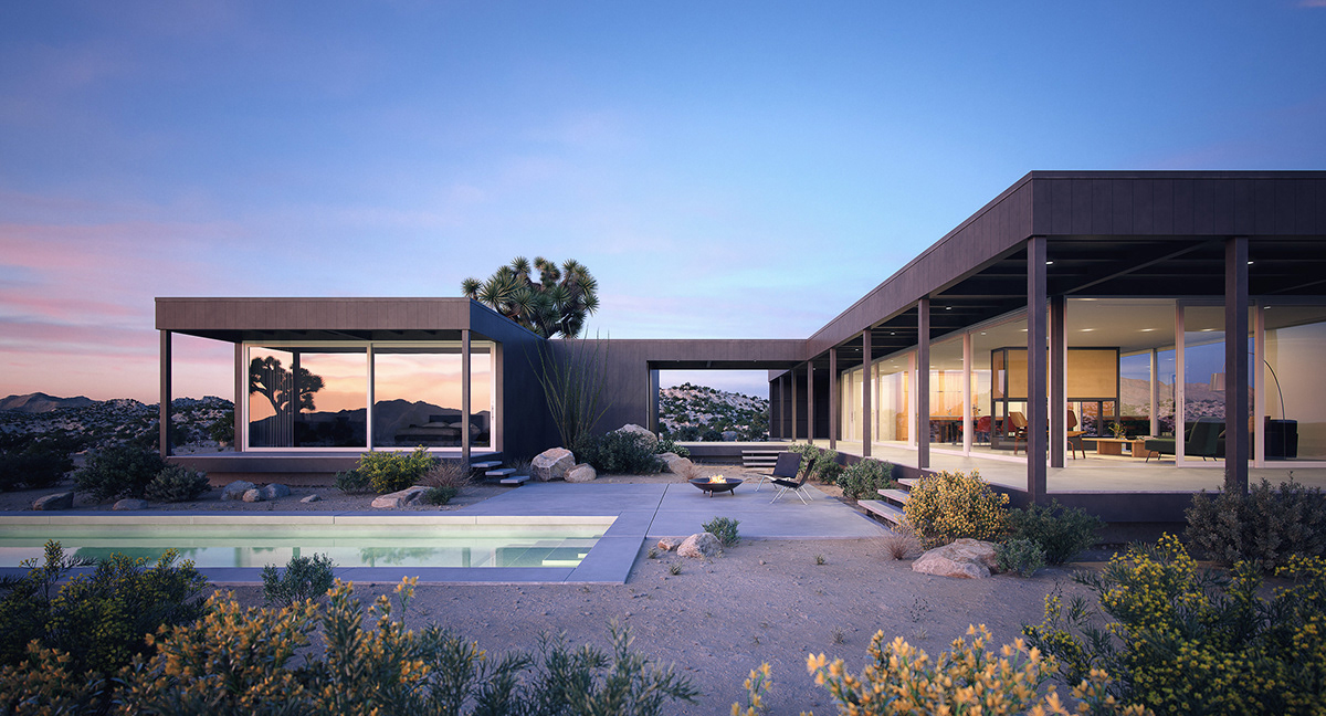 CGI architecture visualization exterior mid-century modern prefabricated sonoran desert joshua tree MId-Century Architecture Mojave desert