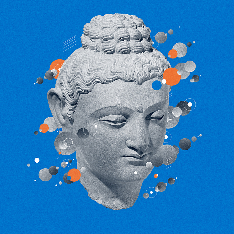 Buddha Kharma dharma abstract surrealism surreal spiritual blue orange collage statue Album artwork cover