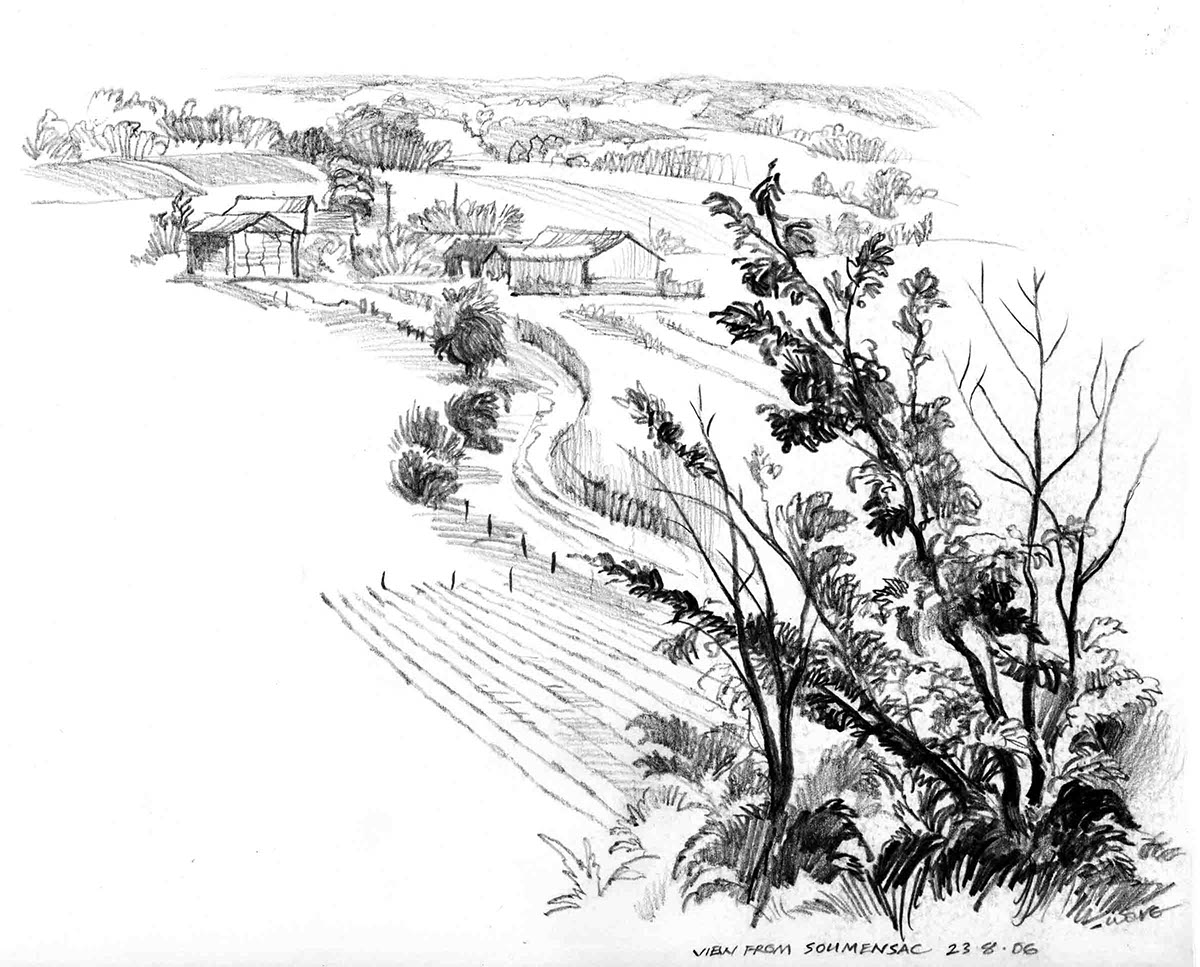 Graphite sketch of a French rural scene, Soumensac, South West France,