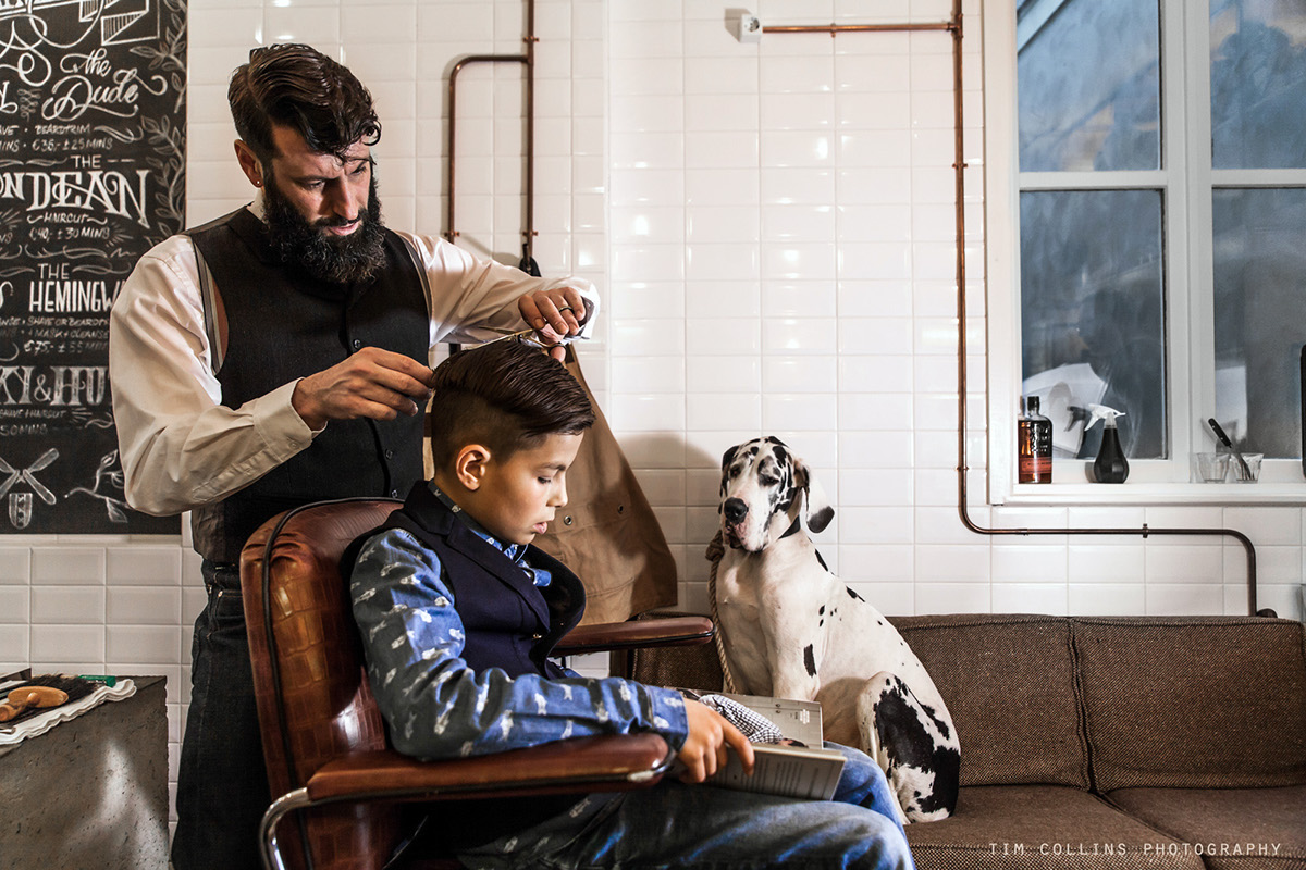 Denim barber dog lifestlye barbershop kids fashion