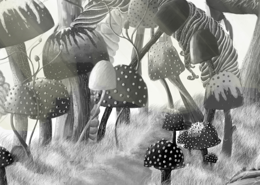 Mushrooms alice in wonderland digital painting painting   b&w black and white environment dots trees digital