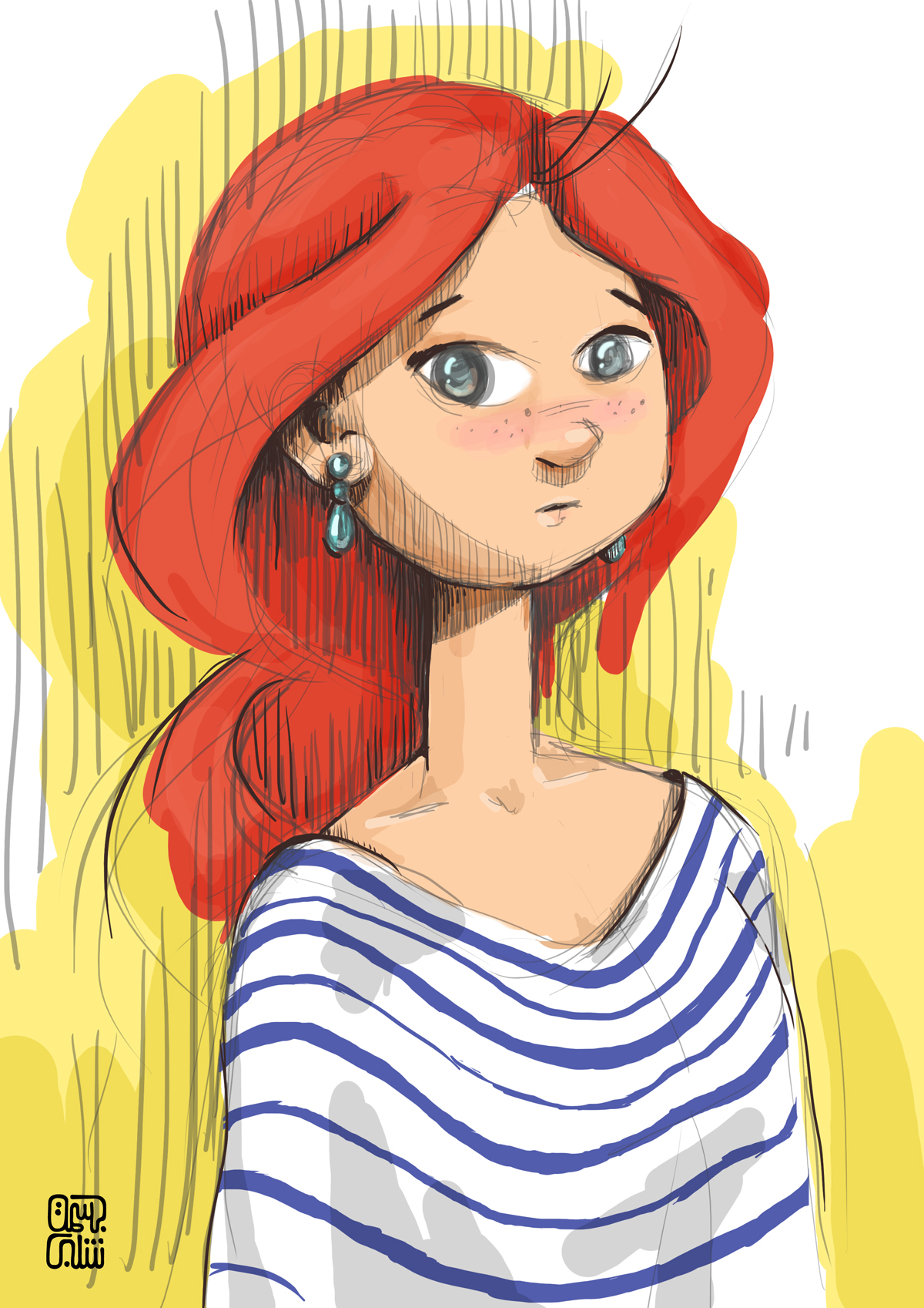 red head girl Blue Eyes cute anime sketch digital painting Sailor study
