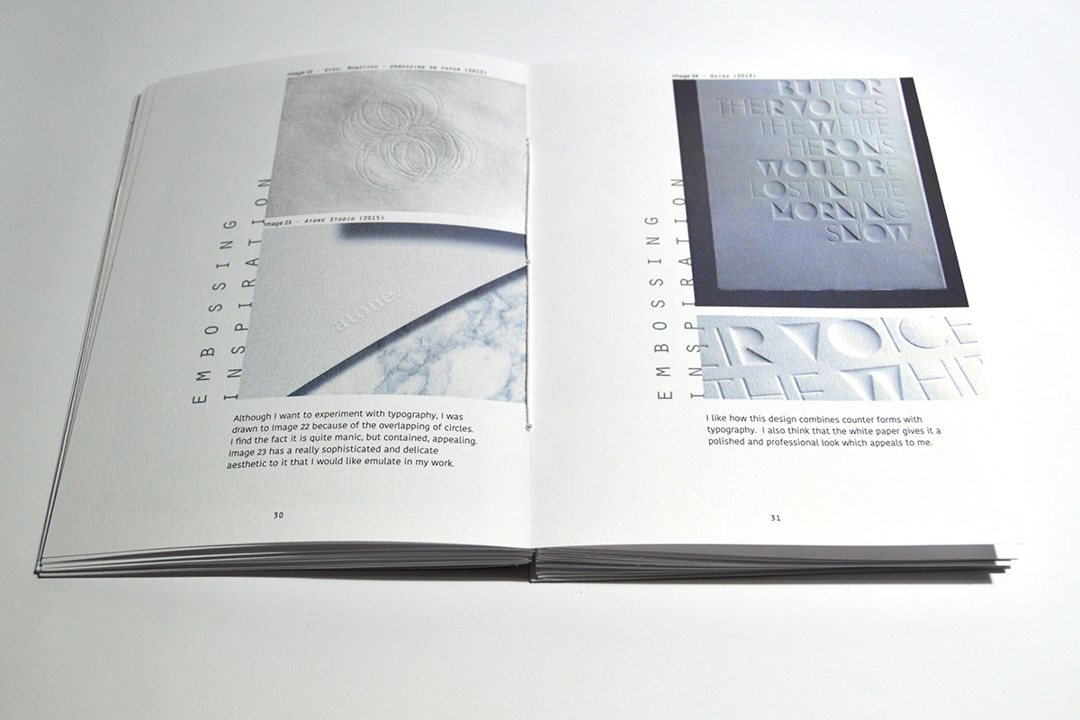 Process Book manifesto coptic binding Binding Books Book Binding grey negative space designer embossing emboss