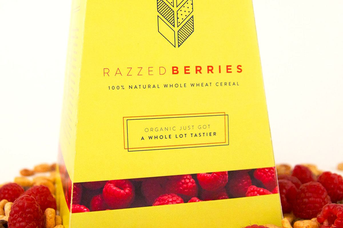 Cereal raspberries chocolate honey wheat organic natural identity logo irregular shape  grain farm