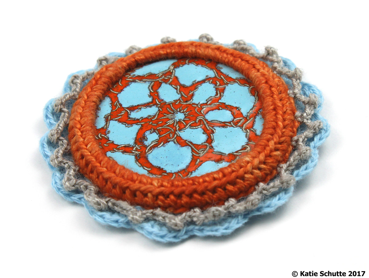 crochet jewelry brooch pin Wearable adornment fiber Textiles metalsmithing enamel