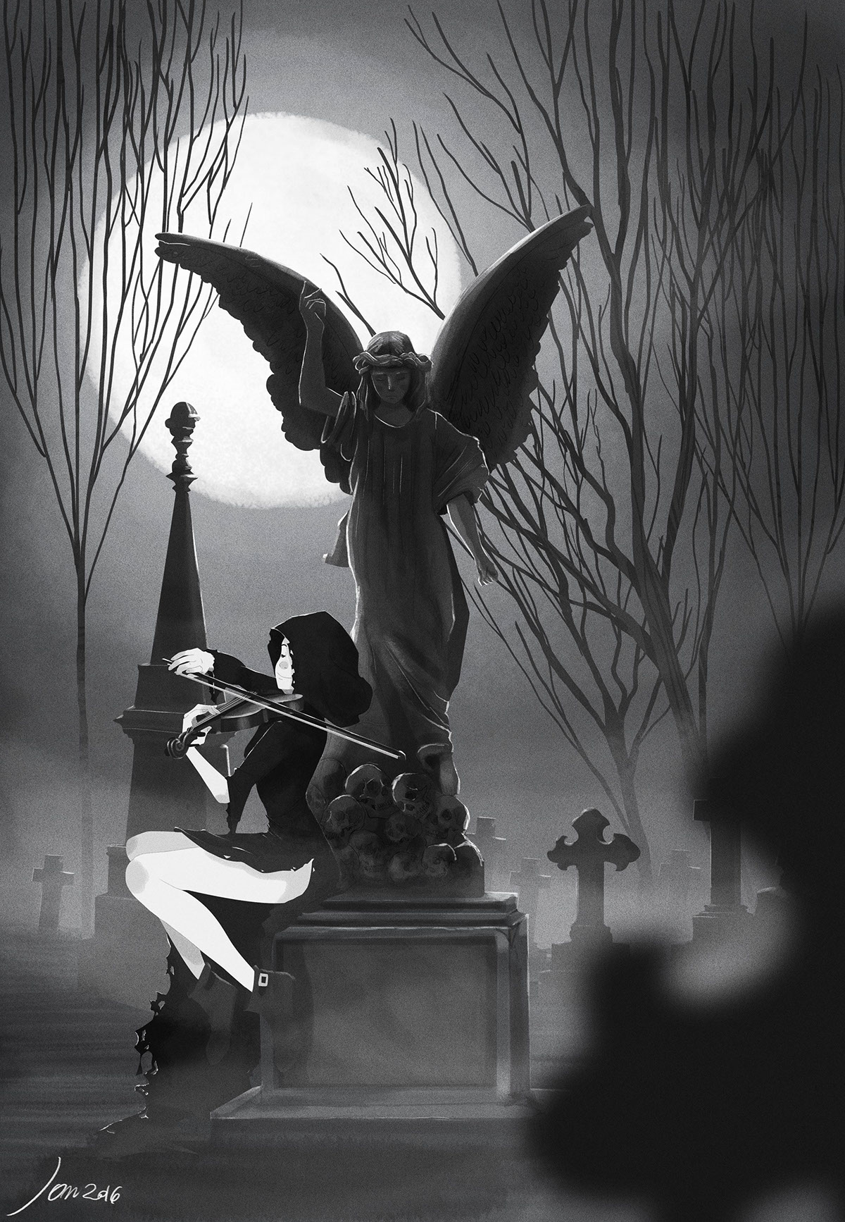 danse macabre digital illustration girl death Violin le danse macabre Black&white graveyards art digital painting fog