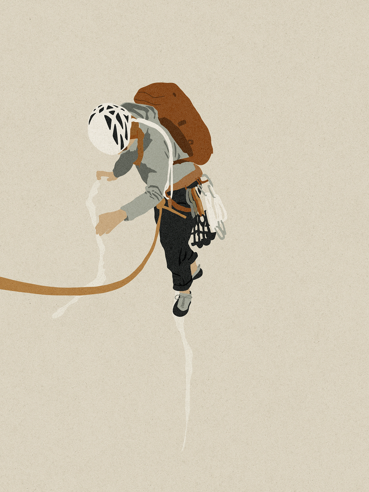 An illustration rock climbing with a minimal style and bold, earthy colors. 