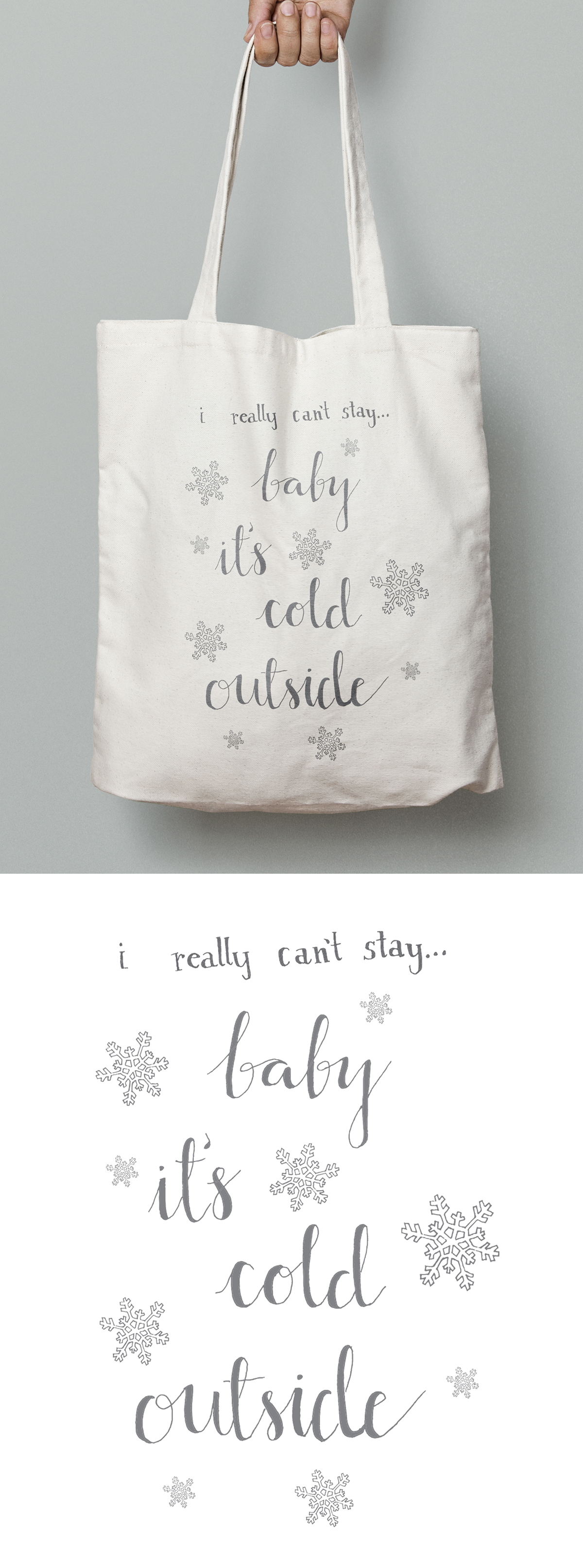 Tote winter Christmas bag Handlettering snowflakes