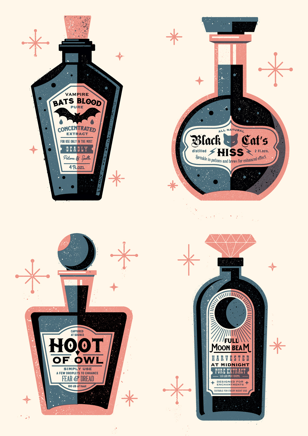 Halloween screenprint potion bottles vector texture vintage illustration