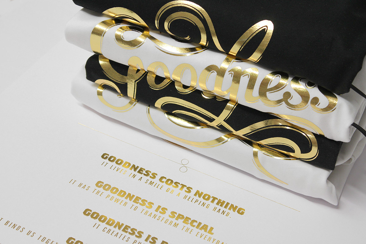 identity goodness Good happy gold emboss foiling letterpress tshirt print notebooks apparel tees cards handcraft