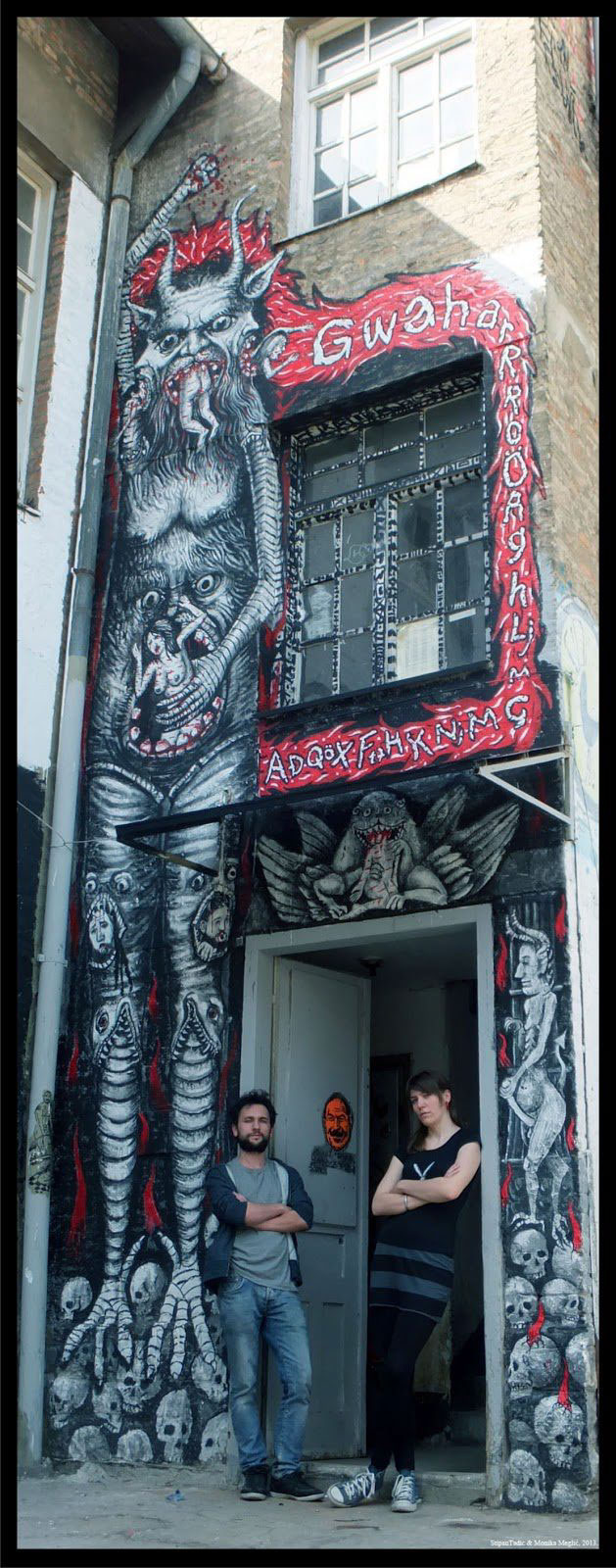 Street Art  painting   hell devil blood fire tower acrilic Circus fat woman tattoed woman strong man hummingbird poppy outdors