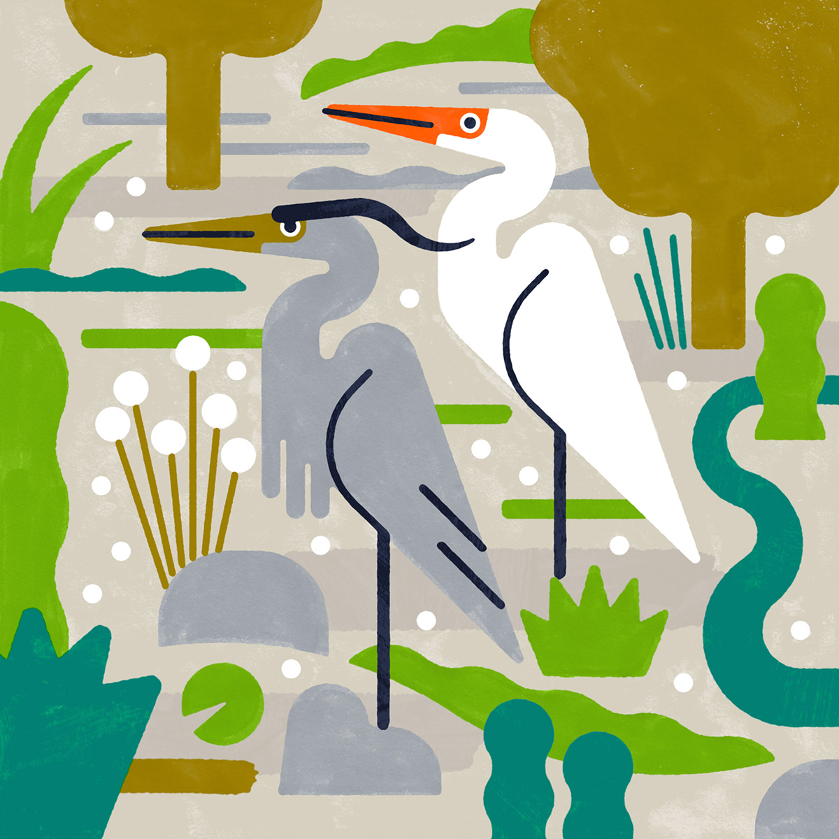britishwildlife colour design Drawing  egret geometric heron ILLUSTRATION  river wildlife