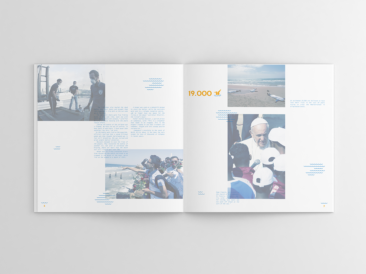 editorial brochure magazine sea CI Rebrand brand design Italy water refugee immigrants simple clean type