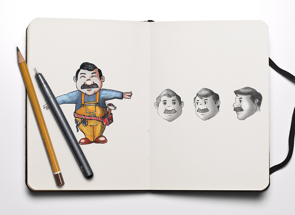 Character sketch graphic design karakter tasarım USTA repairman Repair chubby moustache cartoon Character Sheet