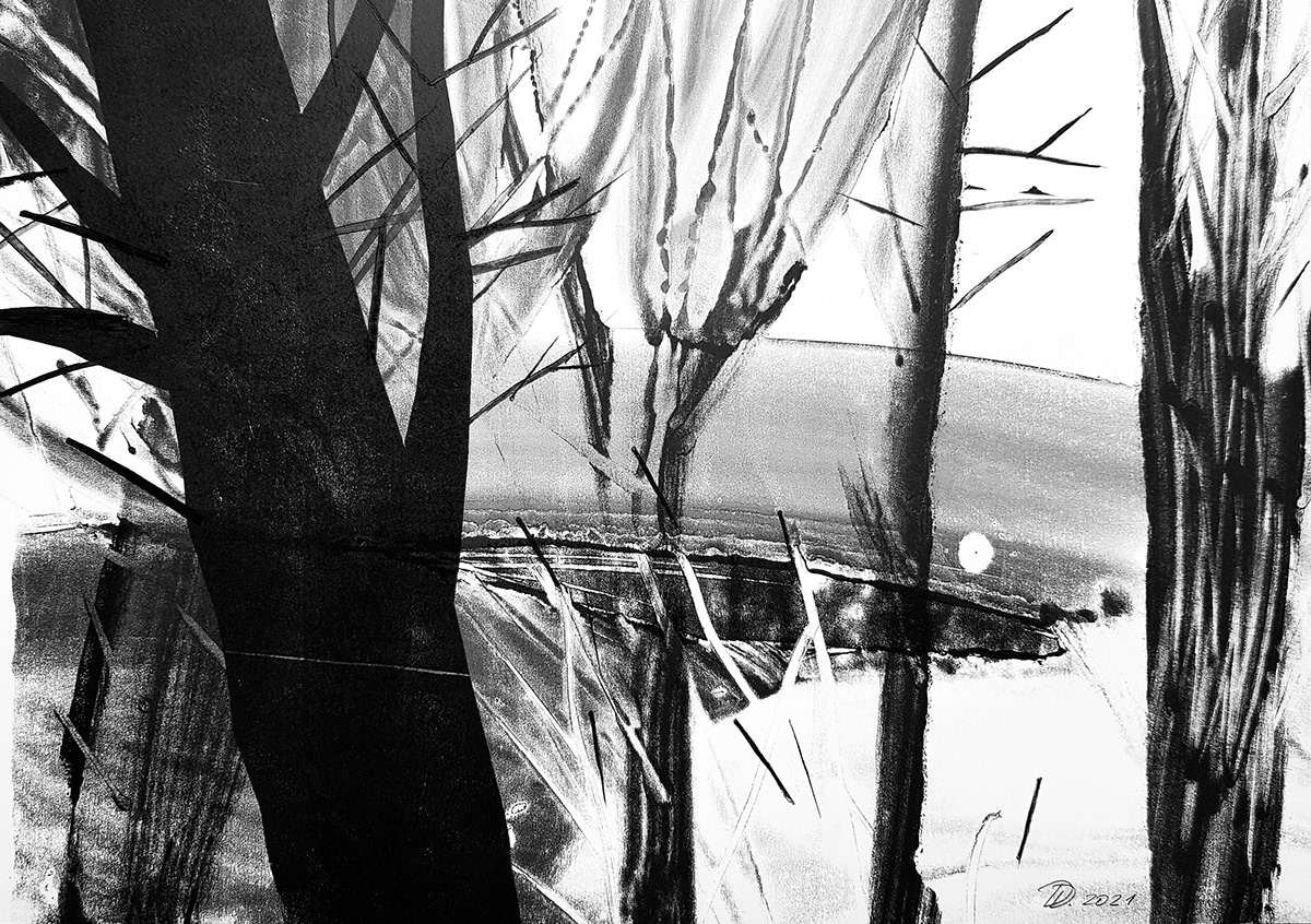 artwork black and white Estampa forest graphic art handprint Landscape monotype Nature trees