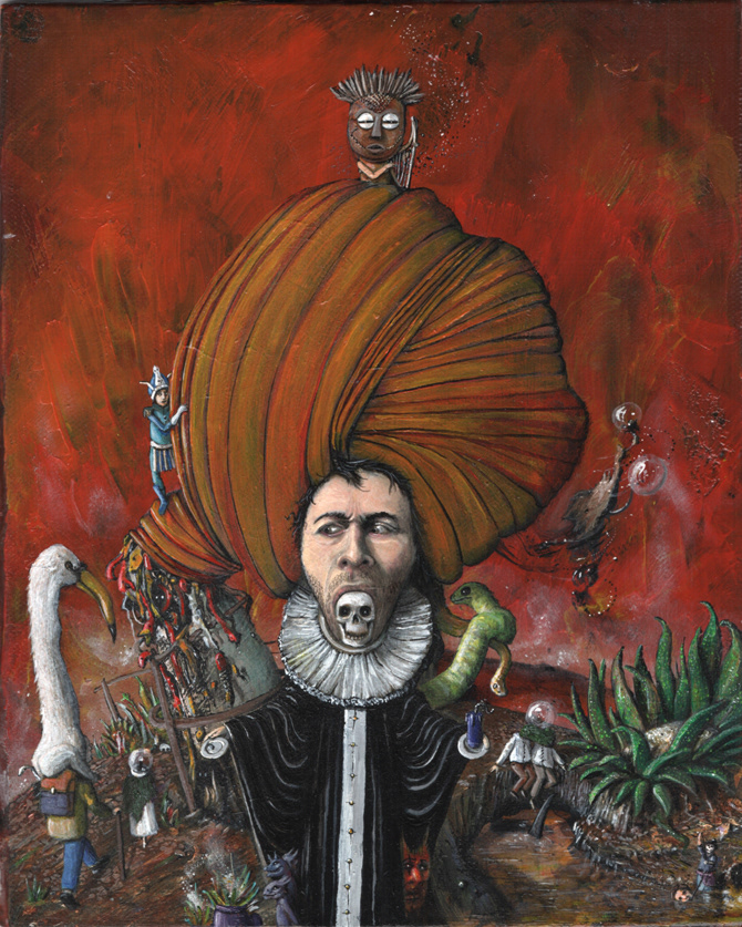 Stefano Ronchi ronch ansia art painter surrealism red skull portrait man African mask dark gothic