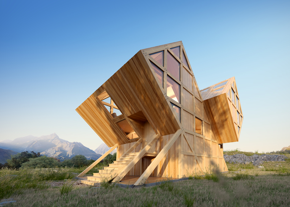 Landscape wooden house Render 3D visualization