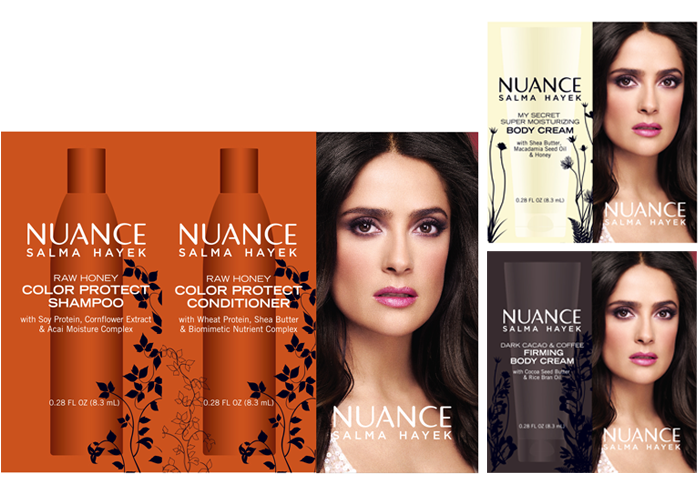 nuance salma hayek packettes merchandising Display brochures Direct mail