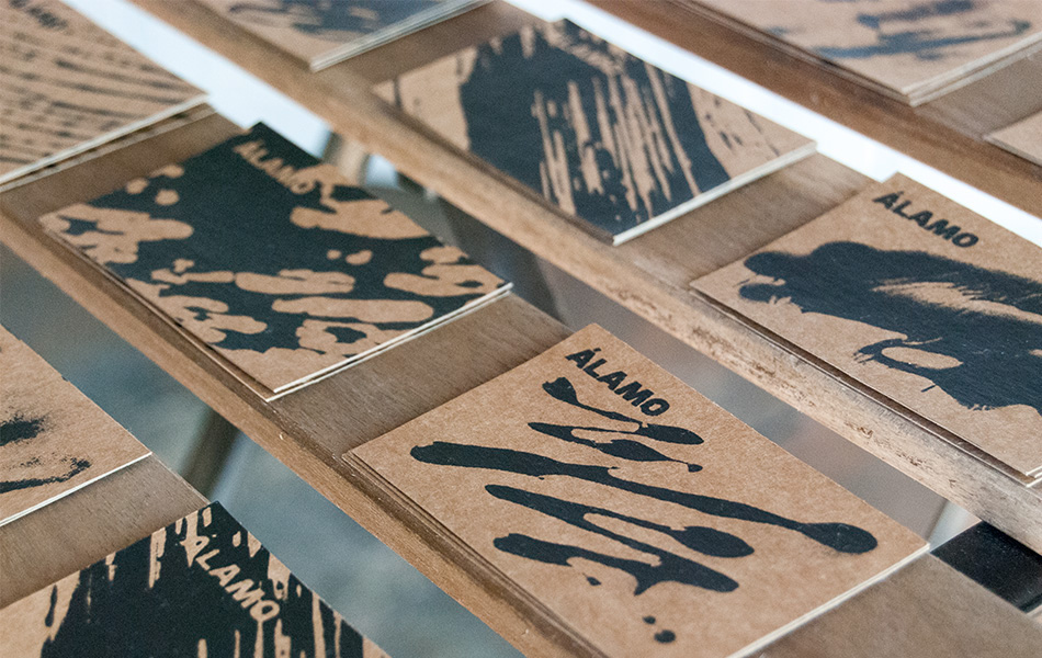 restaurant alamo handmade engraving wood screenprint spain chalk Mural tapas Business Cards menu
