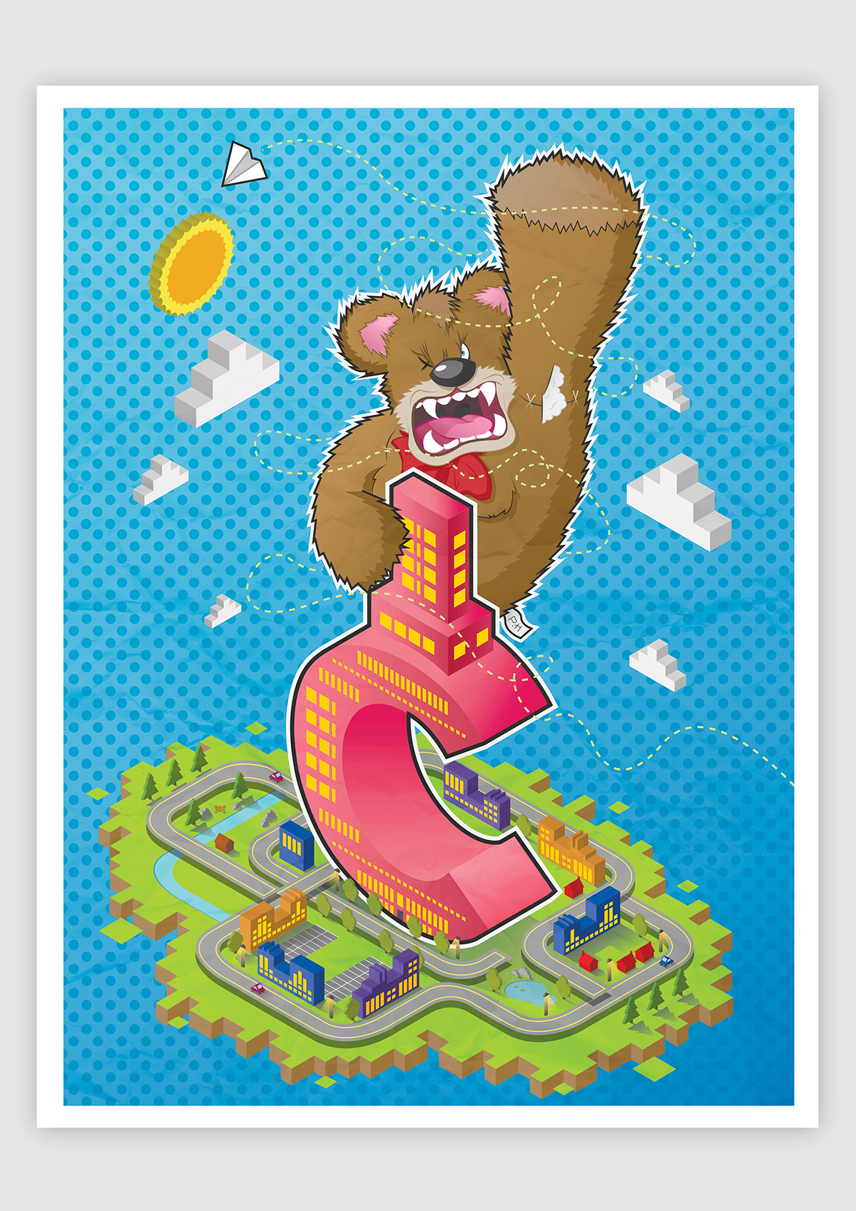 bear Character cartoon comic childhood halftone poster 3D flat bold vector Illustrator design cute King Kong