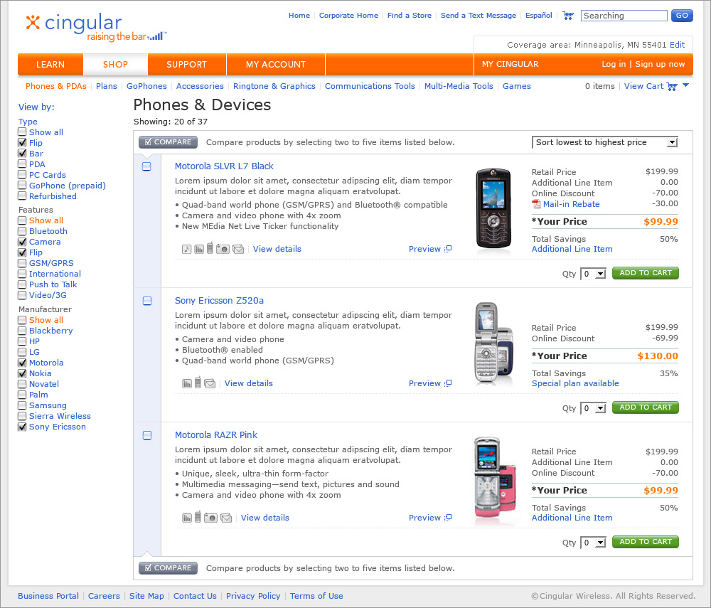 AT&T Cingular web site telecommunications mobile phones cellualr Ecommerce redesign