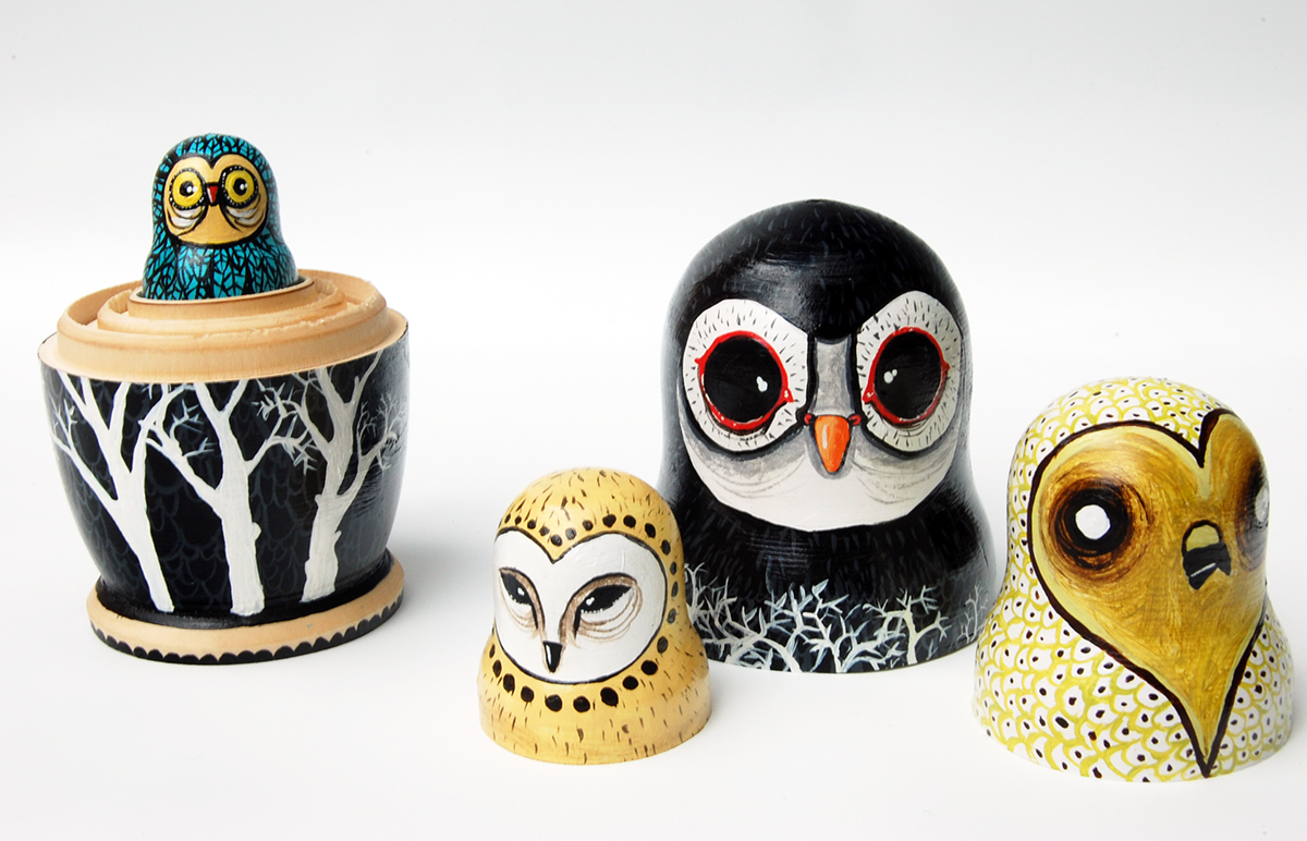 Russian Dolls  stacking dolls  owls birds pigeon wooden wood toy painted objects