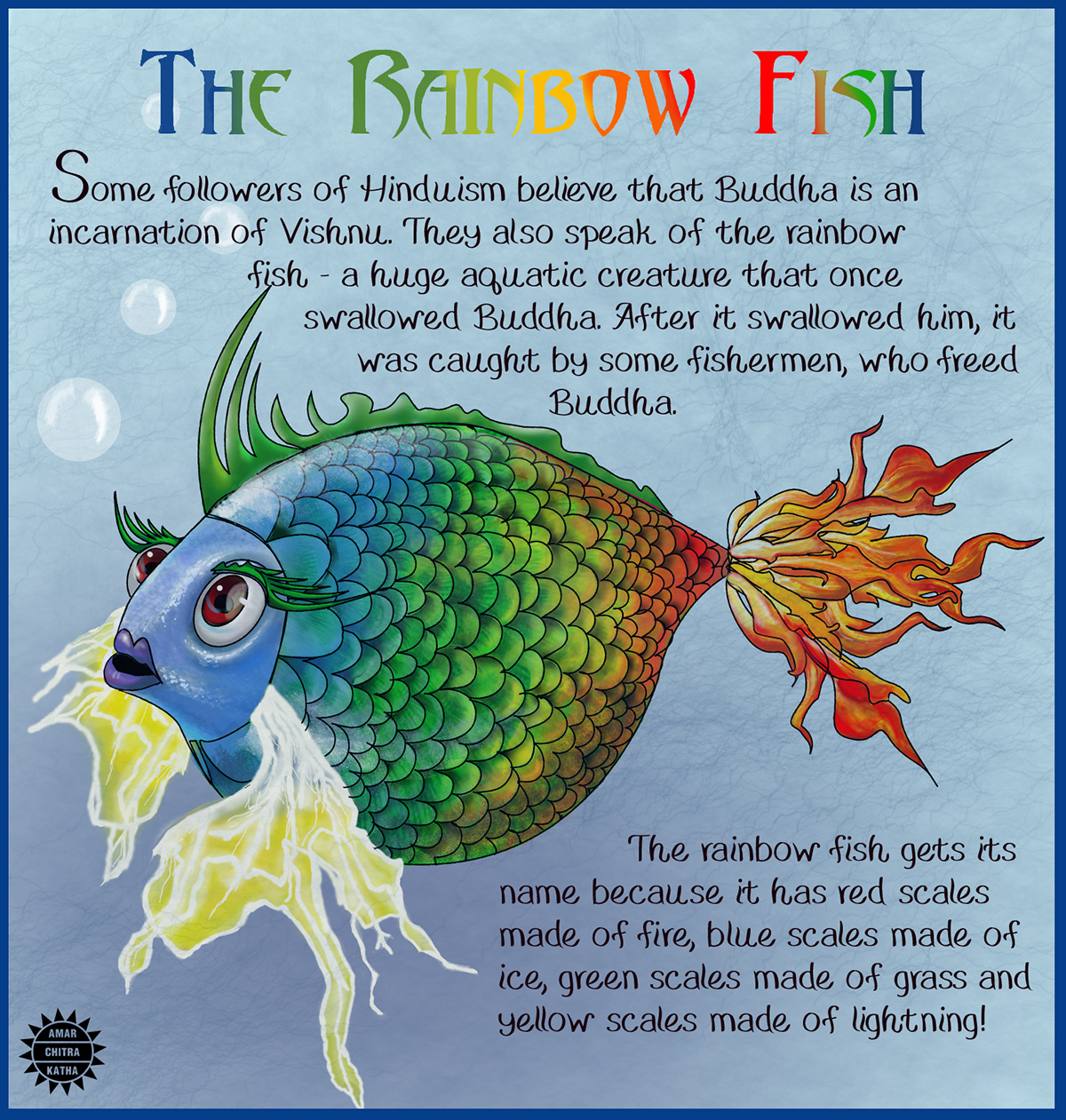 fish rainbow Colourful  Buddha indian mythology ILLUSTRATION 